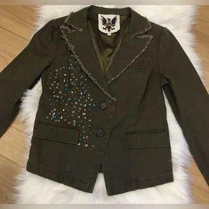 Embellished Frayed Collar Jacket Army Green Large